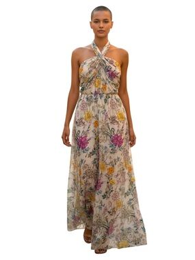 H&M Cream Multicolour Floral Lined Flowy Strapless Halter Boho Maxi Dress (4)